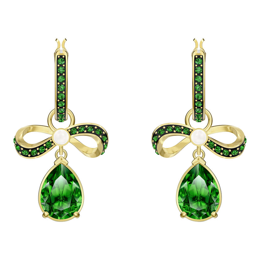 Black Baroque Hoop Pierced Earrings, Green, Gold-tone plated