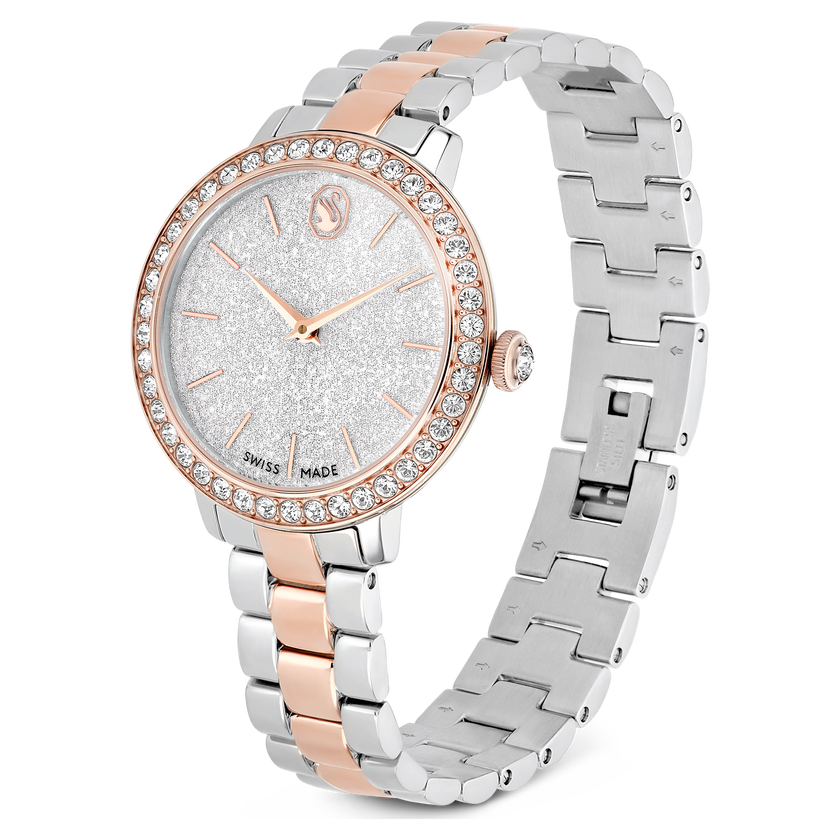 swarovski matrix 3 link watch  swiss made  metal bracelet  silver tone  rose gold tone finish