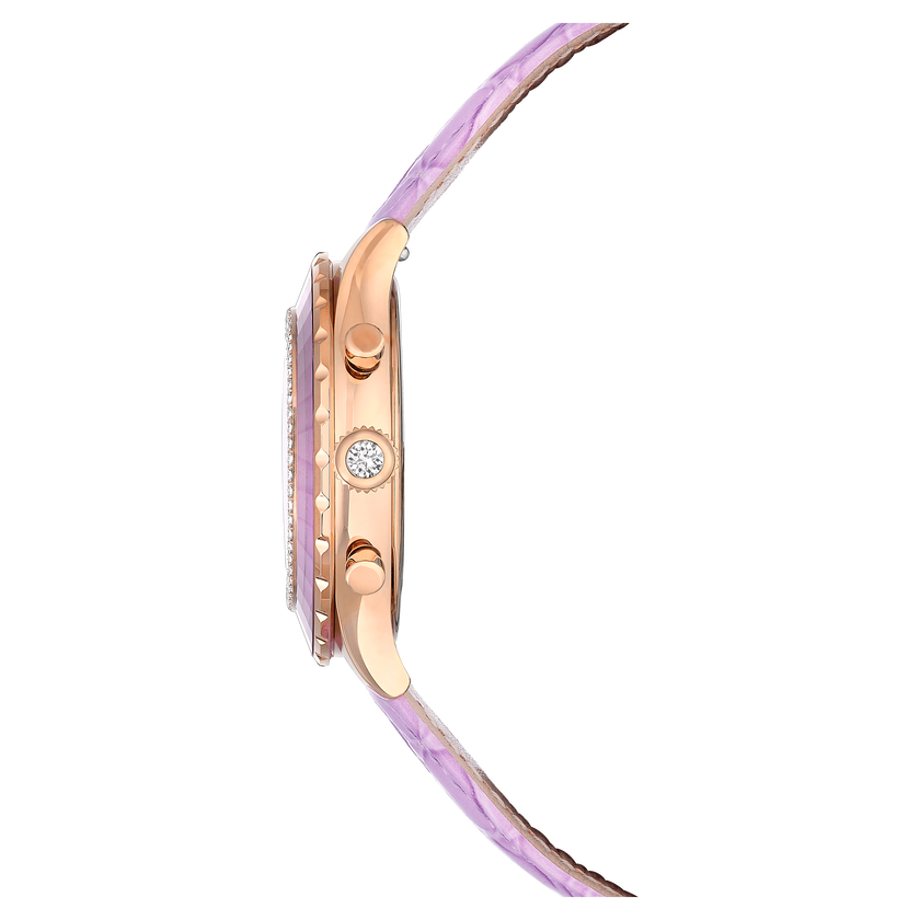 swarovski octea chrono watch  swiss made  leather strap  purple  rose gold tone finish