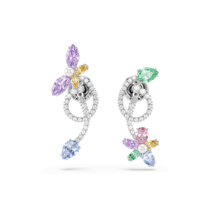ariana grande x swarovski drop earrings with ear jacket  mixed cuts  dragonfly  flower  multicolored  rhodium plated