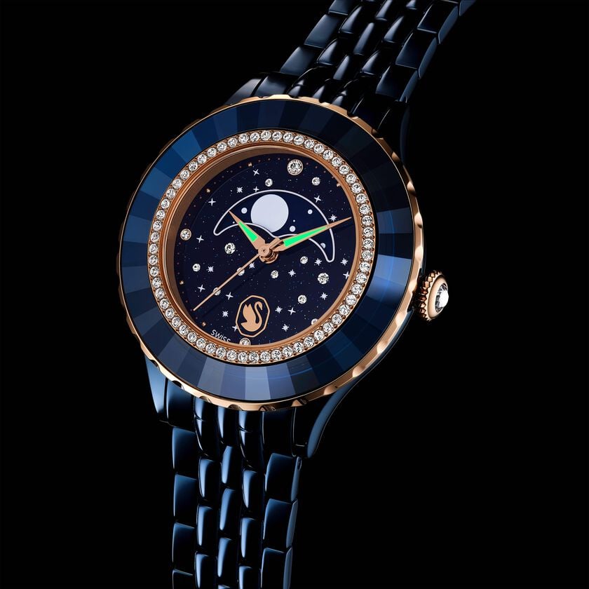 swarovski octea moon watch  swiss made  metal bracelet  blue  blue finish