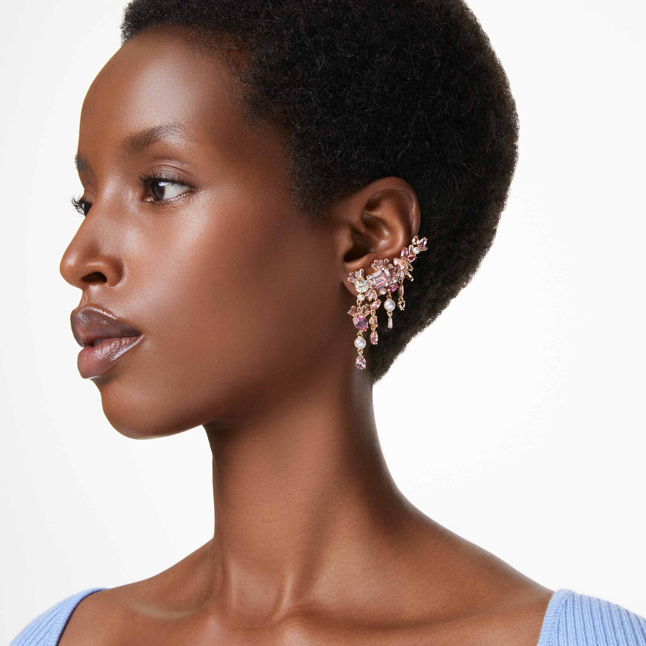 Buy Swarovski Gema clip earrings, Mixed cuts, Chandelier, Flower, Pink,  Gold-tone plated
