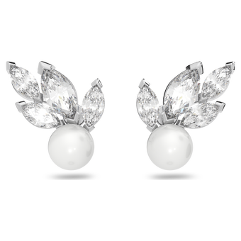 swarovski louison pearl stud earrings  leaf  white  rhodium plated