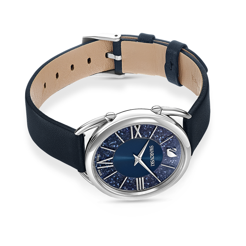 Crystalline Glam Watch, Leather strap, Blue, Stainless steel
