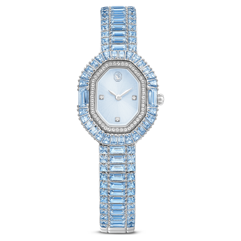 swarovski matrix octagon watch  baguette cut  metal bracelet  blue  stainless steel