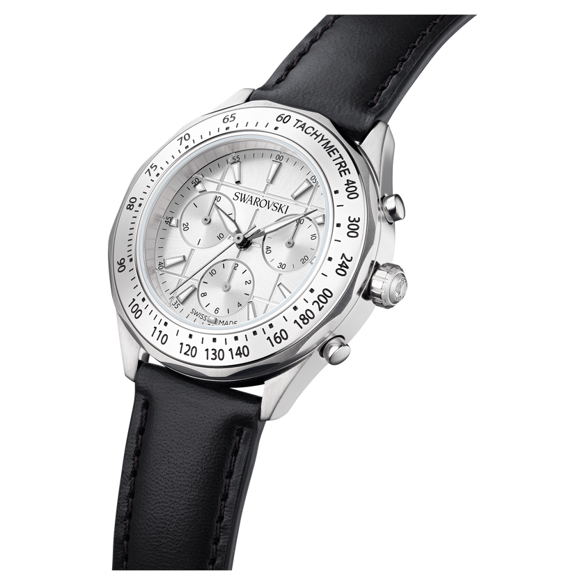 swarovski dextera tachymetre watch  swiss made  leather strap  silver tone  stainless steel