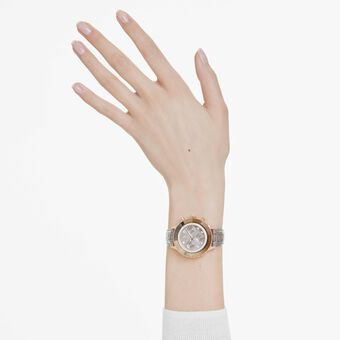 swarovski octea chrono watch  swiss made  leather strap  gray  rose gold tone finish
