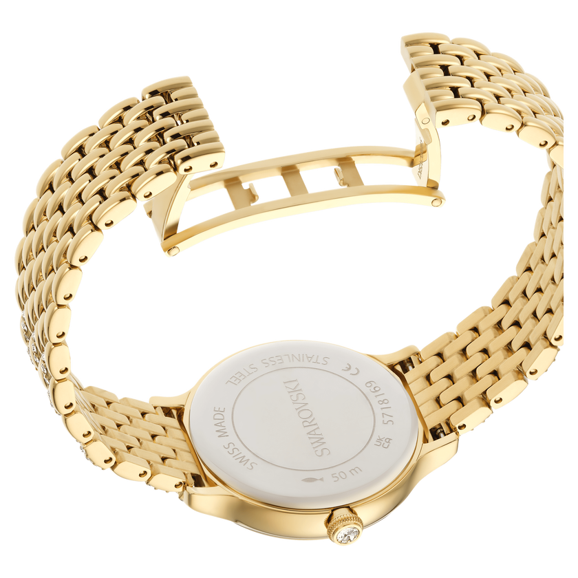 swarovski imber watch  swiss made  metal bracelet  gold tone  gold tone finish