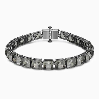 Millenia bracelet,  Articulated, Square cut crystals, Gray, Black Ruthenium plated