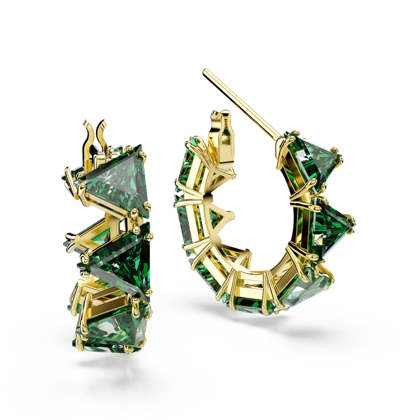 swarovski matrix hoop earrings  triangle cut  triangle  mini  green  gold tone plated