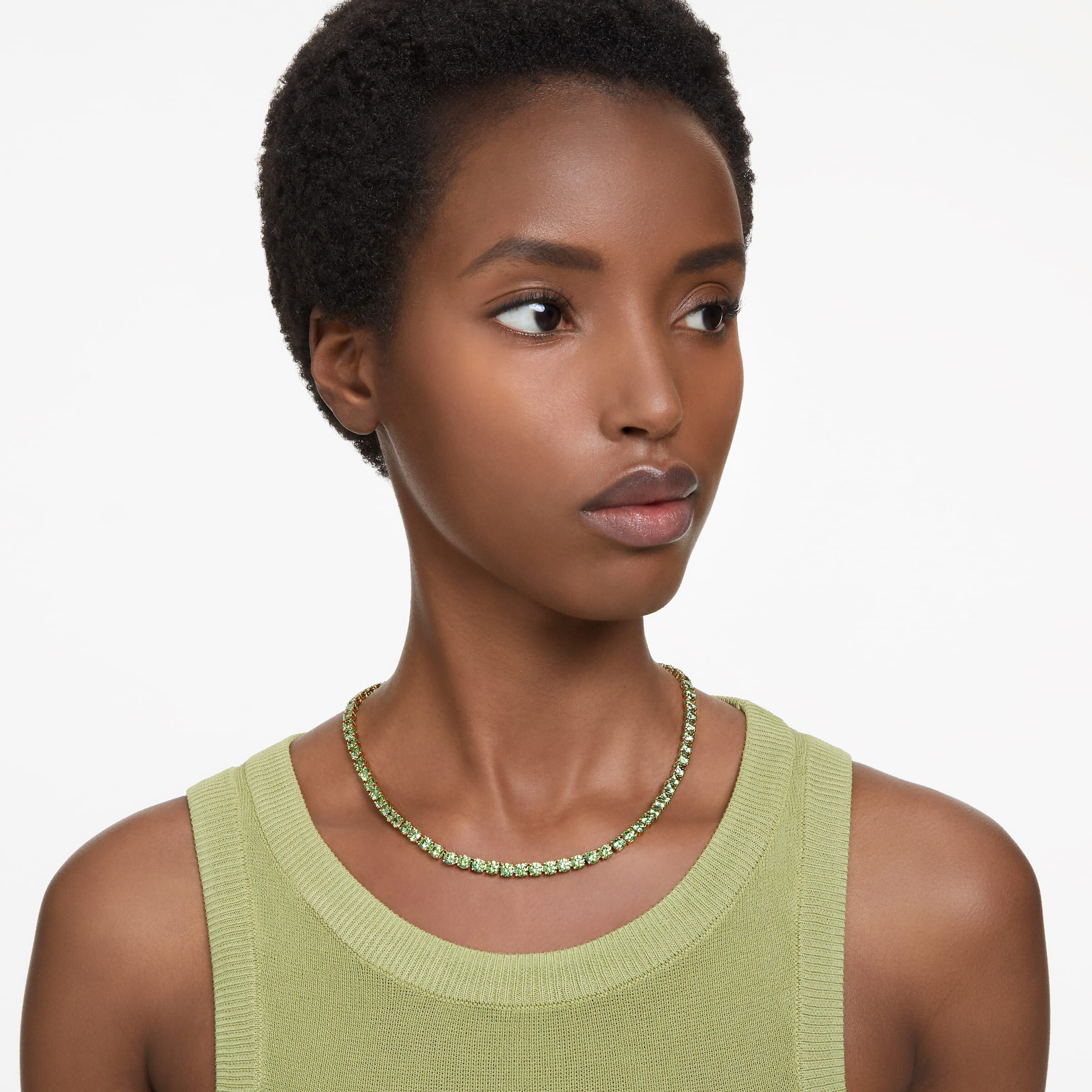 Buy Swarovski Matrix Tennis necklace Round cut Green Gold tone plated