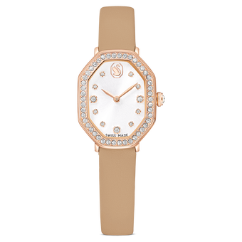 swarovski dextera octagon watch  swiss made  leather strap  brown  rose gold tone finish