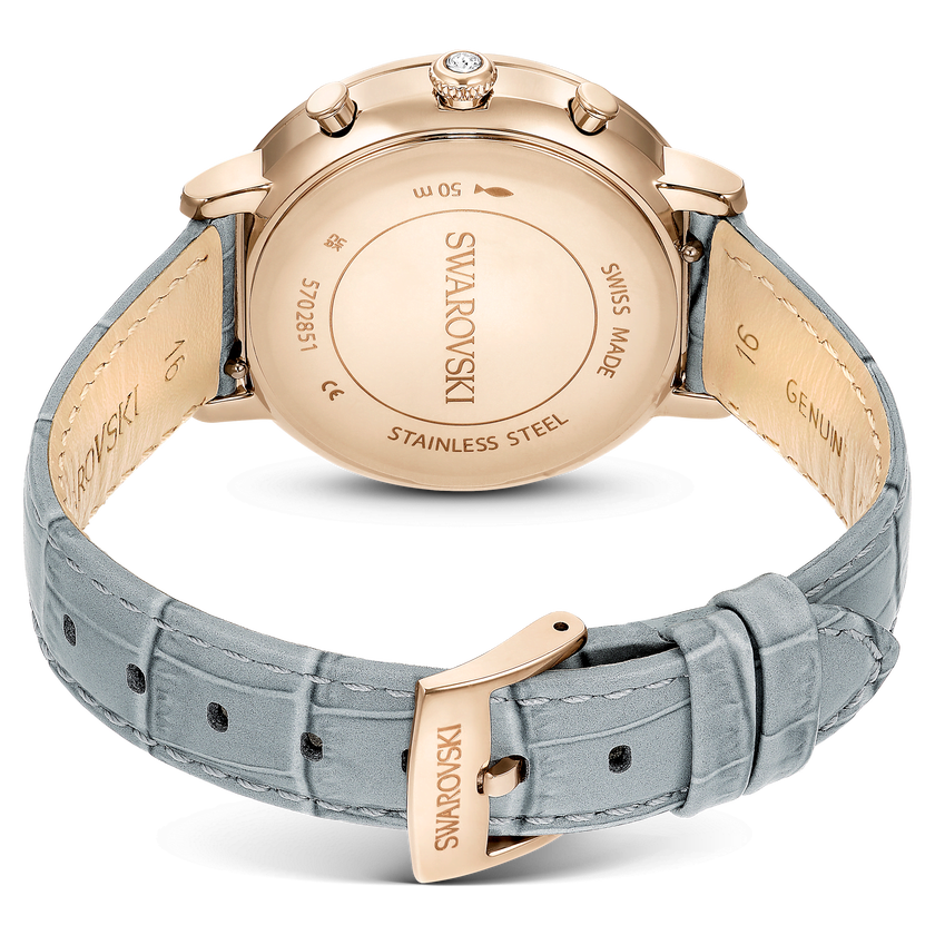 swarovski matrix tennis chrono watch  swiss made  leather strap  gray  champagne gold tone finish