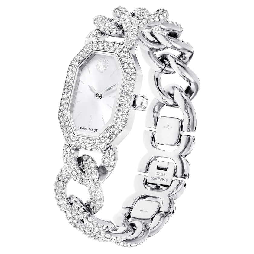 swarovski dextera chain watch  swiss made  crystal bracelet  silver tone  stainless steel