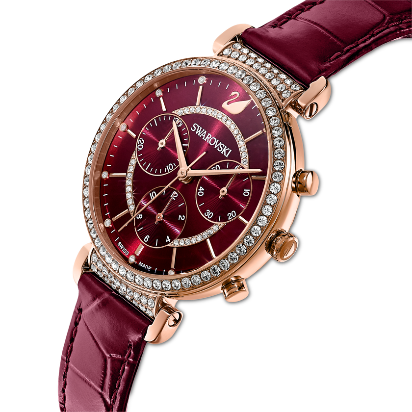 Passage Chrono Watch, Leather strap, Red, Rose-gold tone PVD
