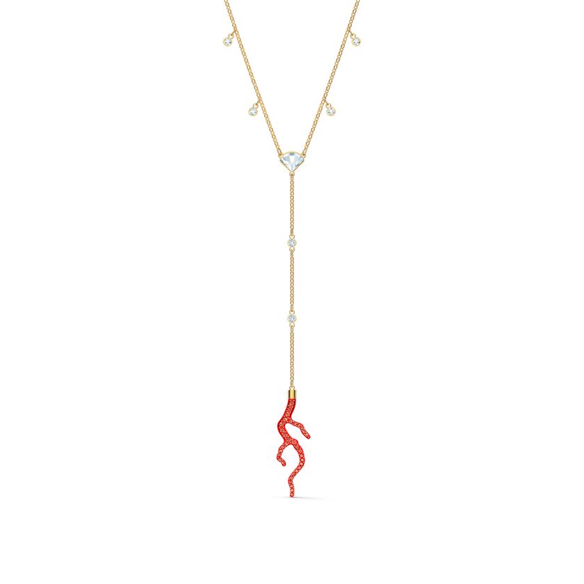 Shell Y Necklace, Red, Gold-tone plated