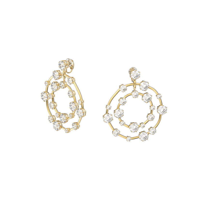 Constella clip earrings, Circular, White, Gold-tone plated