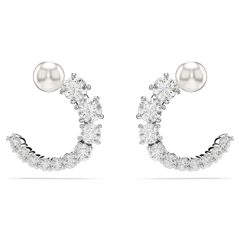 swarovski matrix hoop earrings  crystal pearl  round cut  white  rhodium plated