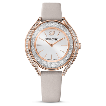swarovski crystalline aura watch leather strap gray rose gold tone pvd