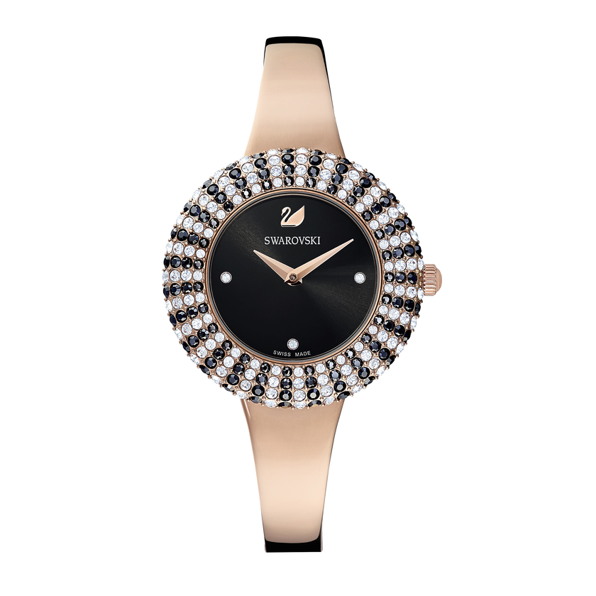Crystal Rose Watch, Metal Bracelet, Black, Rose-gold tone PVD