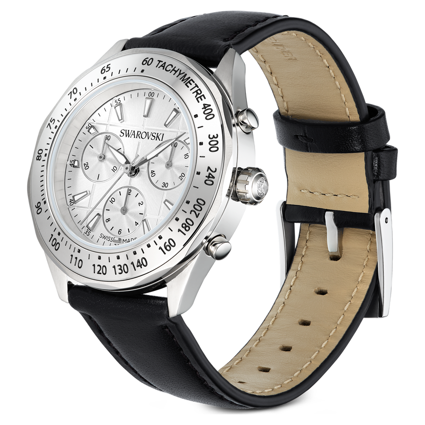 swarovski dextera tachymetre watch  swiss made  leather strap  silver tone  stainless steel