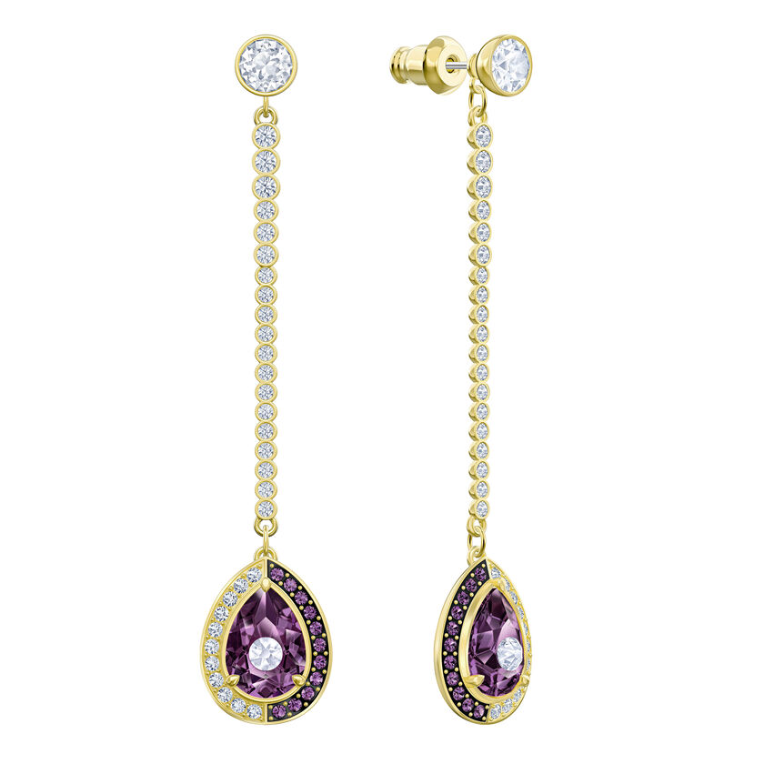 Black Baroque Drop Pierced Earrings, Purple, Gold-tone plated