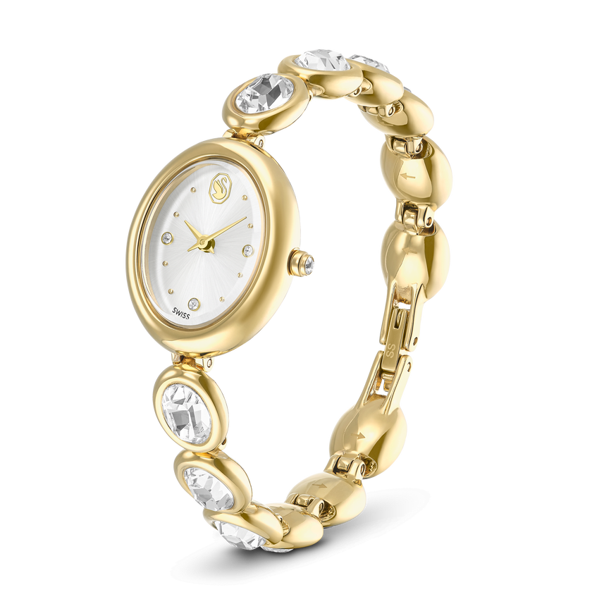 swarovski imber oval watch  swiss made  metal bracelet  gold tone  gold tone finish