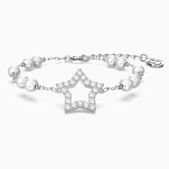 Stella bracelet, Crystal pearls, Star, White, Rhodium plated