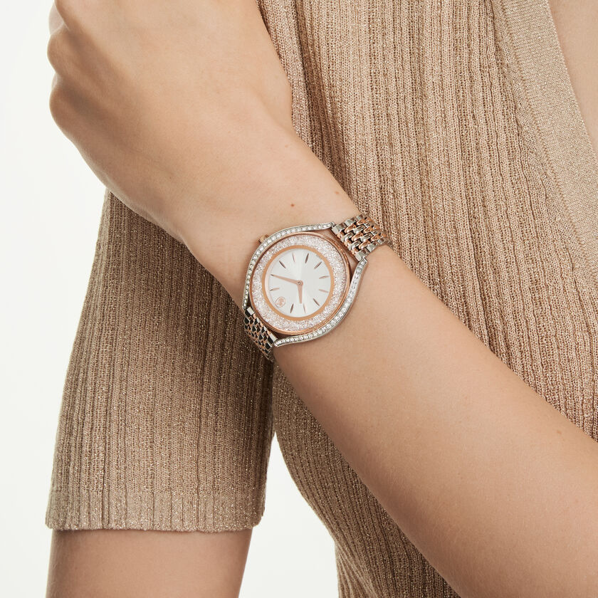 swarovski crystalline aura watch  swiss made  metal bracelet  rose gold tone  mixed metal finish