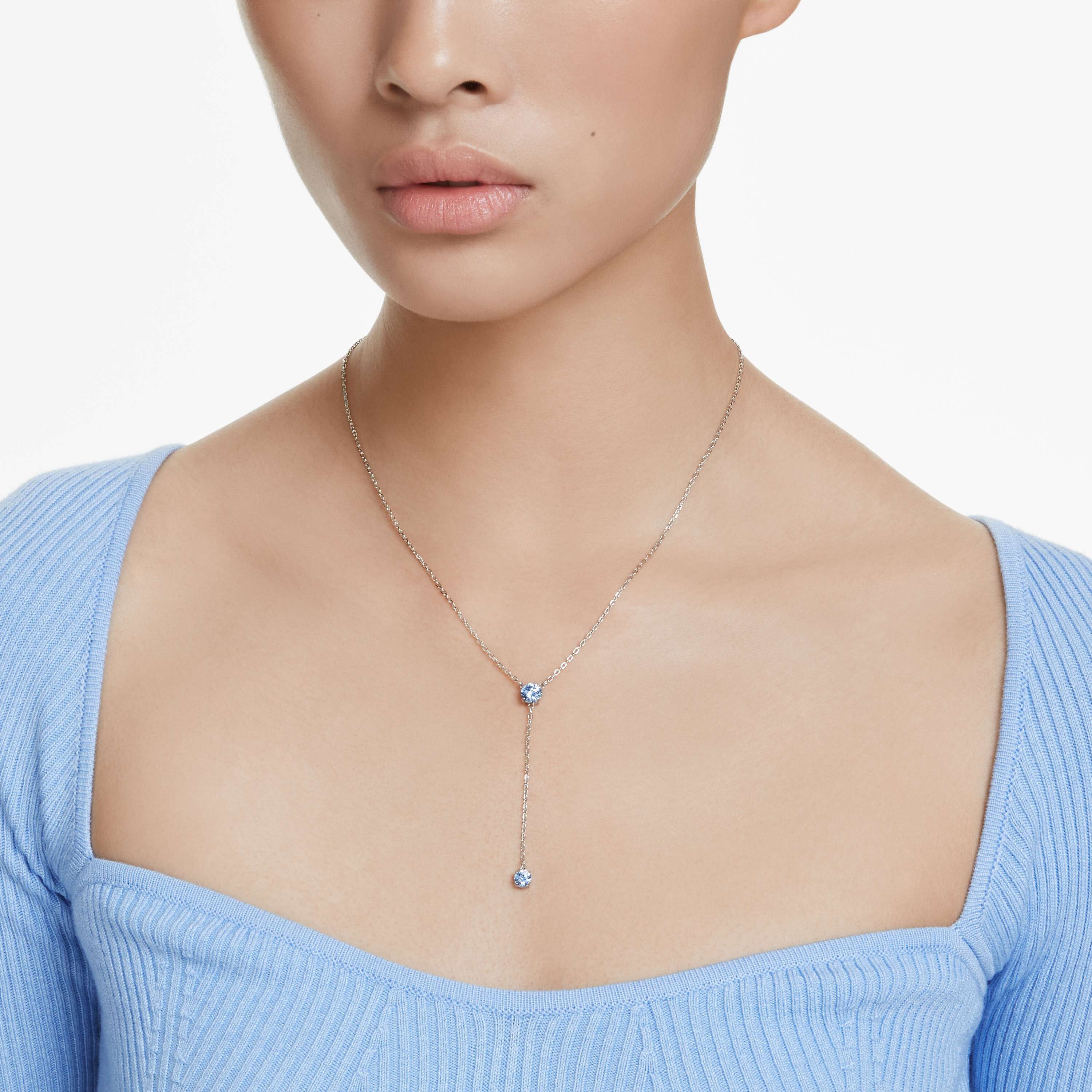 swarovski attract y necklace  round cut  blue  rhodium plated
