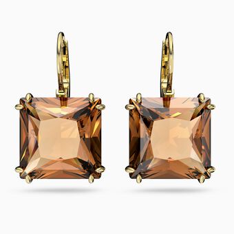 Millenia earrings, Square cut crystal, Brown, Gold-tone plated