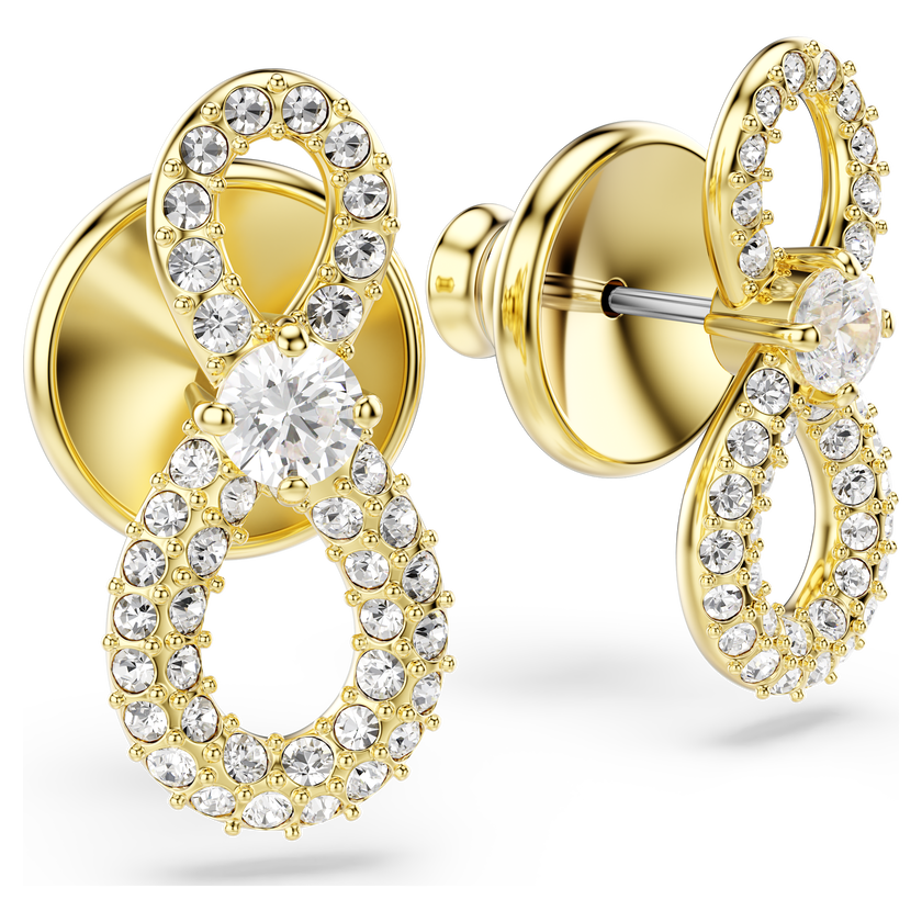 swarovski hyperbola stud earrings  round cut  pav   infinity  white  18k gold finish