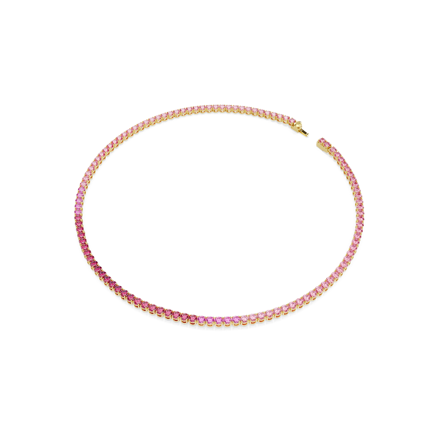 swarovski matrix tennis necklace  round cut  pink  gold tone plated