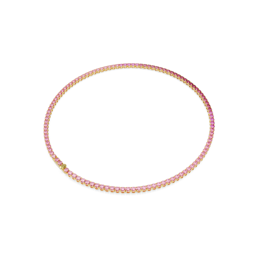 swarovski matrix tennis necklace  round cut  pink  gold tone plated