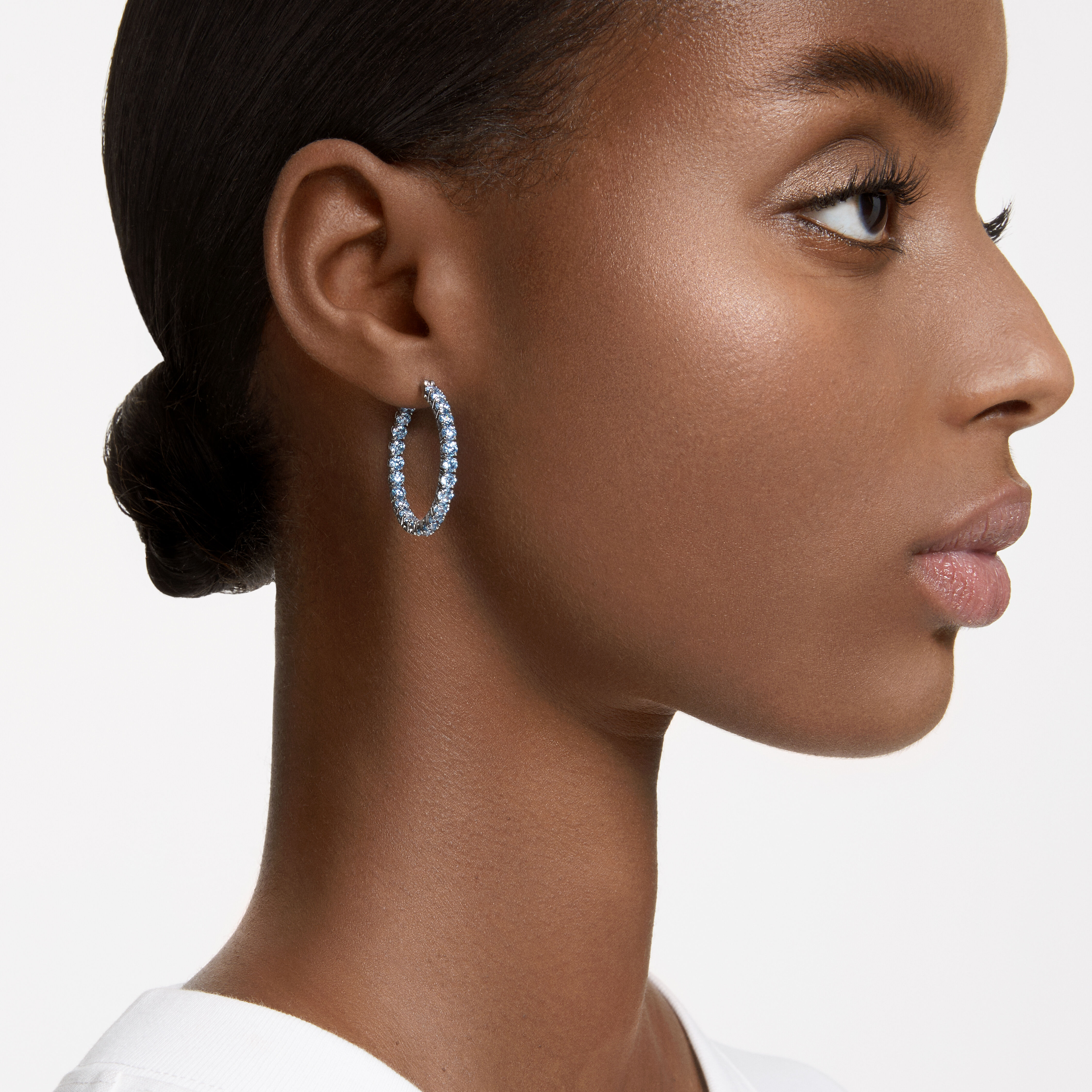 Buy Swarovski Matrix hoop earrings Round cut Blue Rhodium plated