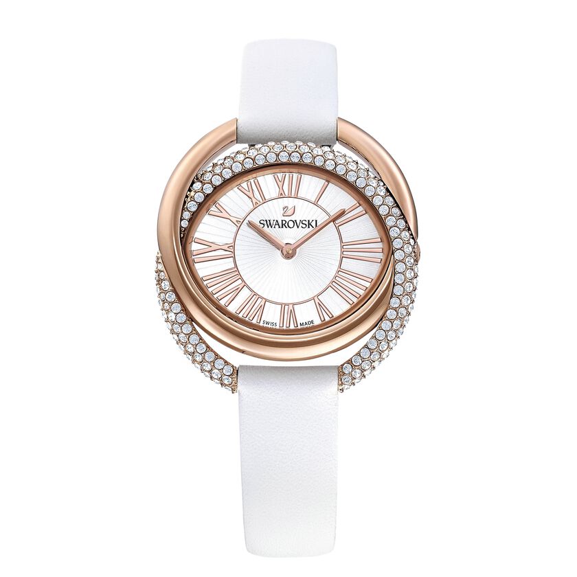 Duo Watch, Leather Strap, White, Rose-gold tone PVD