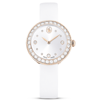 swarovski matrix tennis watch swiss made leather strap white champagne gold tone finish