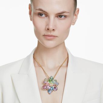 swarovski idyllia pendant and brooch  mixed cuts  pav   flower  multicolored  mixed metal finish