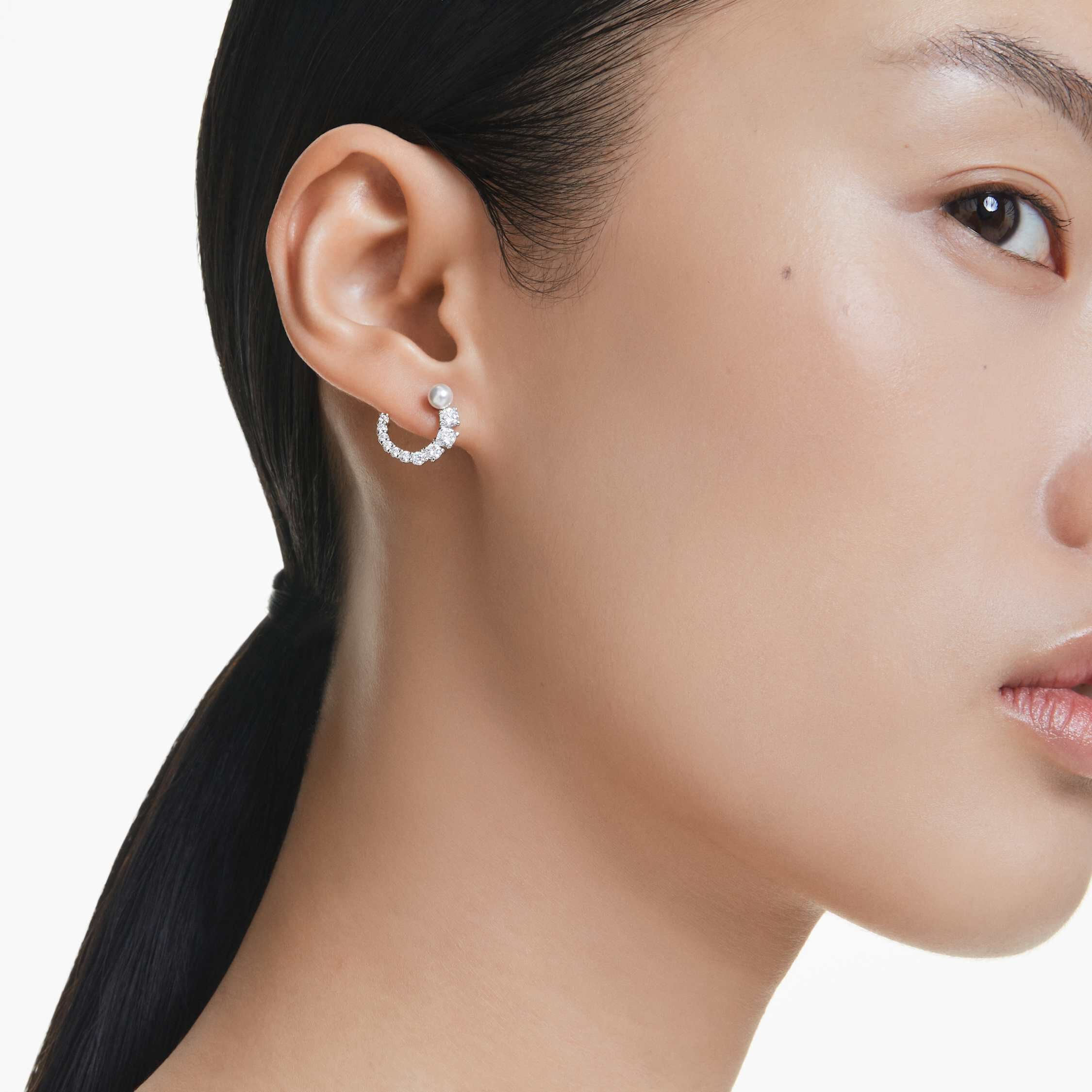 Buy Swarovski Matrix hoop earrings Crystal pearl Round cut White Rhodium plated
