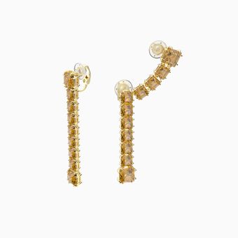Millenia earrings, Asymmetrical, Square cut crystals, Yellow, Gold tone plated