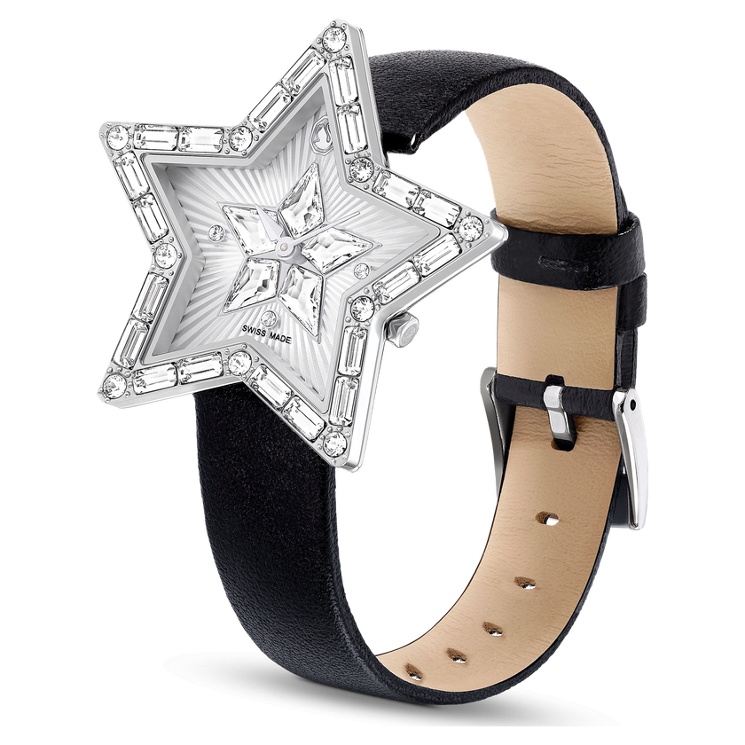 swarovski symbolica star watch  swiss made  star  leather strap  white  stainless steel