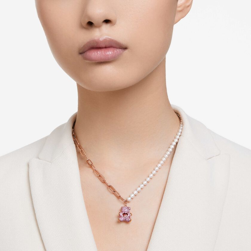 swarovski teddy pendant  bear  pink  rose gold tone plated