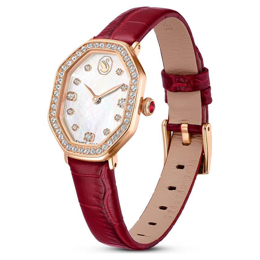 swarovski dextera octagon watch  swiss made  leather strap  red  rose gold tone finish