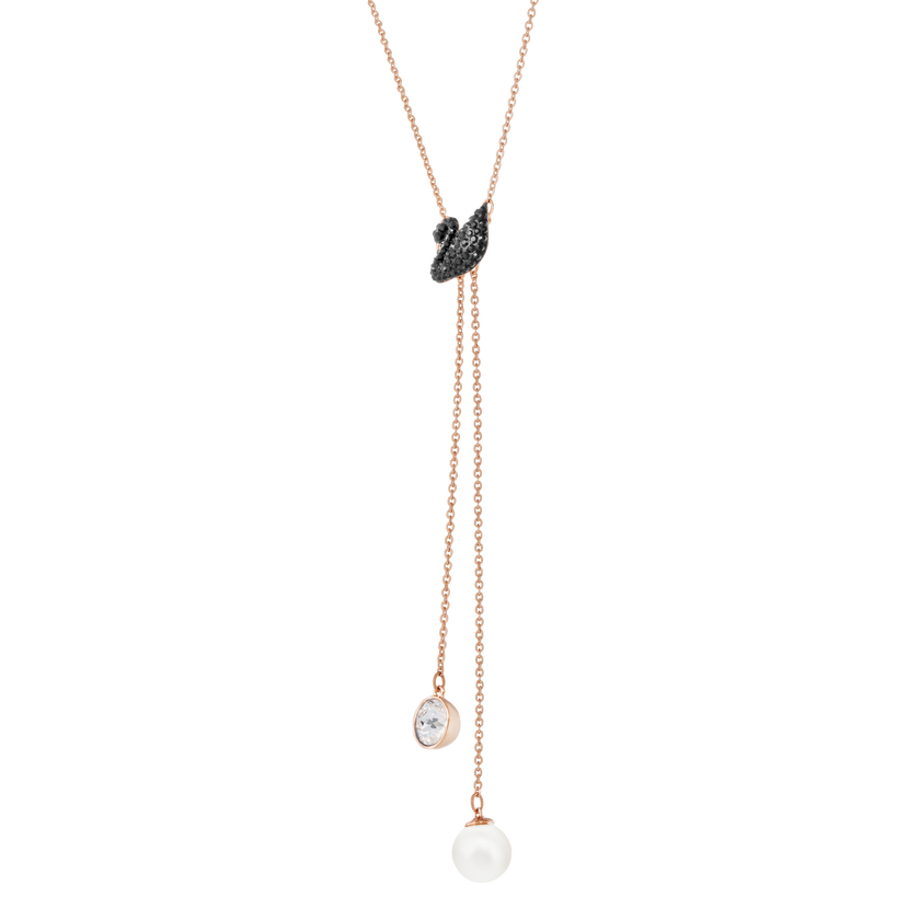 Iconic Swan Double Y Necklace, Black, Rose Gold Plating