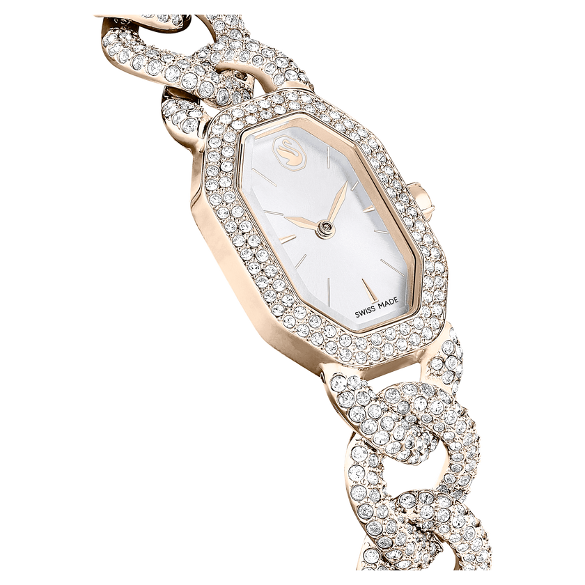 swarovski dextera chain watch  swiss made  crystal bracelet  white  champagne gold tone finish