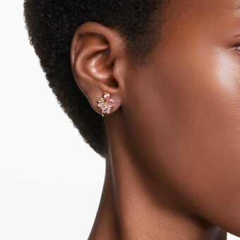 swarovski gema clip earrings  mixed cuts  flower  pink  gold tone plated