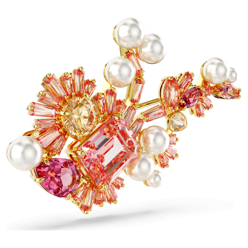 swarovski gema brooch  mixed cuts  flower  pink  gold tone plated