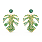 Tropical Leaf Pierced Earrings, Green, Gold-tone plated