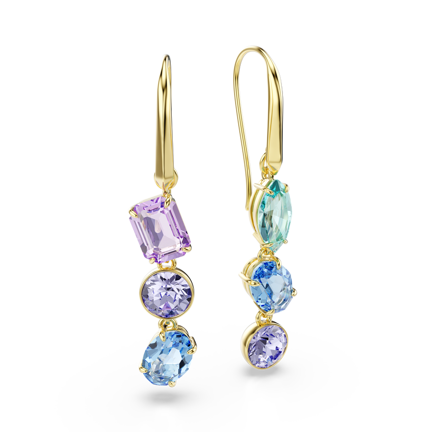 swarovski gema drop earrings  asymmetrical design  mixed cuts  multicolored  gold tone plated