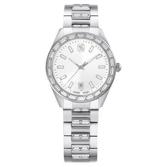 swarovski matrix date watch  swiss made  metal bracelet  silver tone  stainless steel